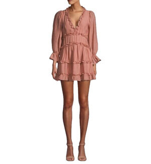 Cistar New York V-Neck Mini Dress M Dusty Pink Ruffles Tiered Cut Out Balloon